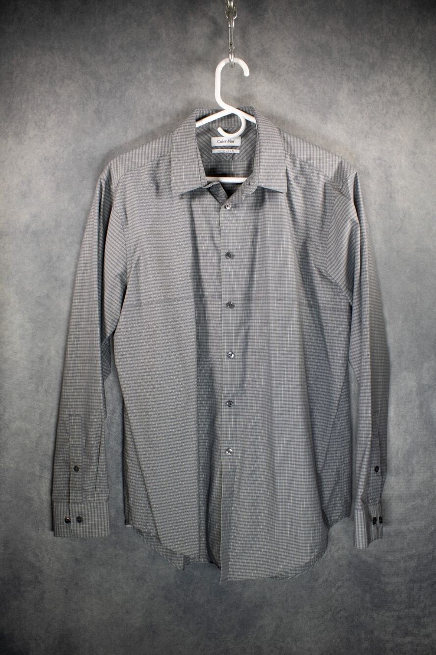 Calvin Klein Mens Dress Shirt Gray Check Slim Fit 16.5 34/35 Long Sleeve